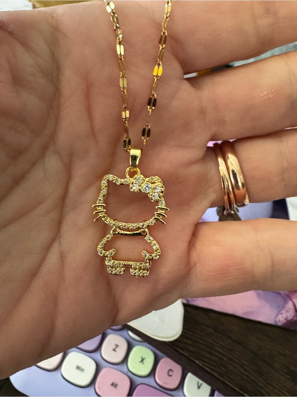 Gold Hello Kitty-Style Crystal Pendant Necklace